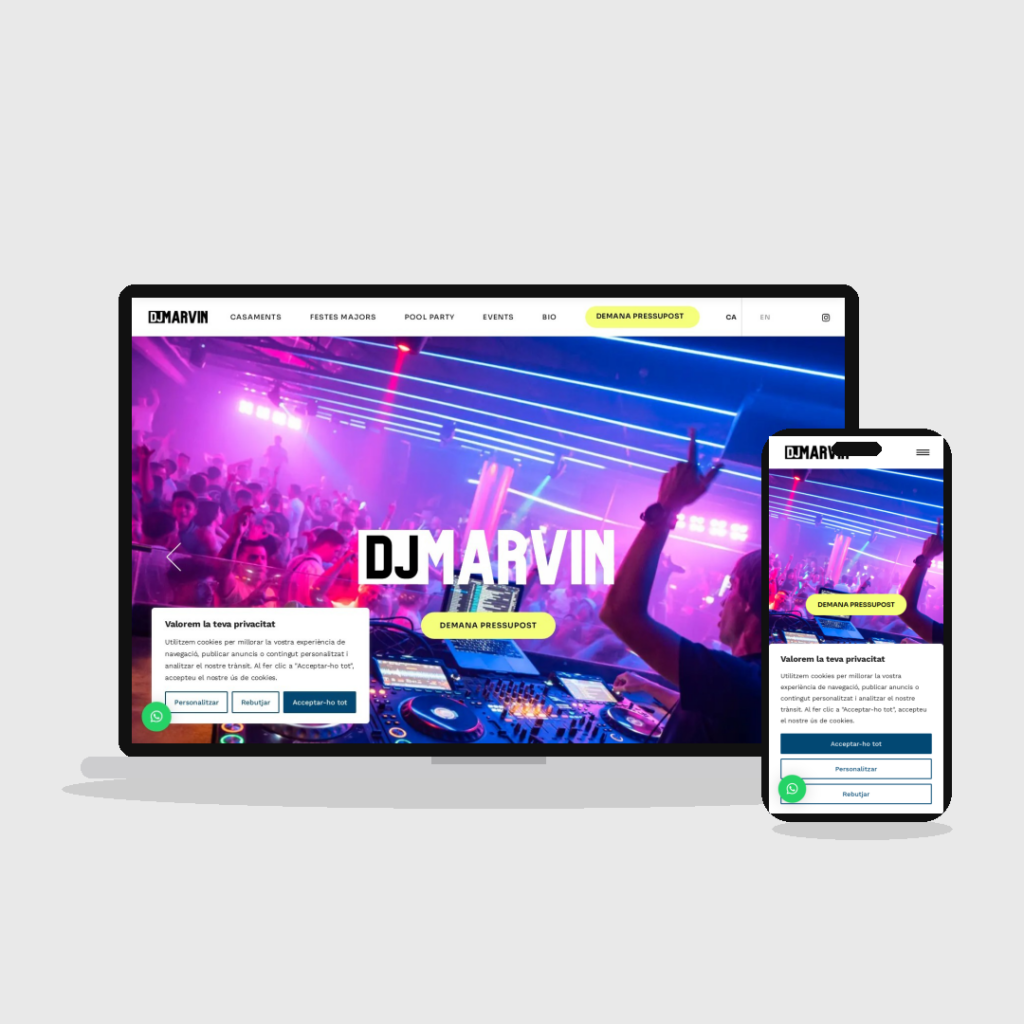 Web de DJ Marvin dissenyada per MontsenyWebs, en ordinador i mòbil